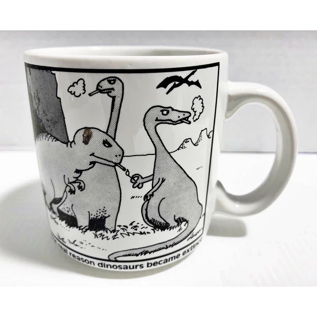 FAR SIDE Reason Dinosaurs Extinct Cup Mug 1982 Gary Larson OZ Humor Smoking Vtg
