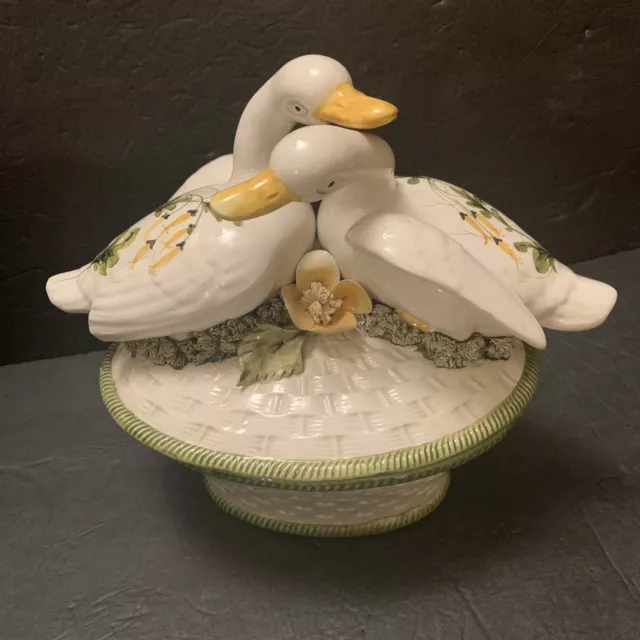 Majolica J. W. Co Italian Pottery Ceramic Floral Ducks Serving Covered Bowl RARE 2
