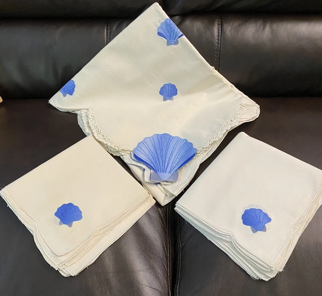 VTG 102” Rectangle Blue Clam Beach Shell Tablecloth 12 Napkins Applique Crochet VTG 102” Rectangle Blue Clam Beach Shell Tablecloth 12 Napkins Applique Crochet