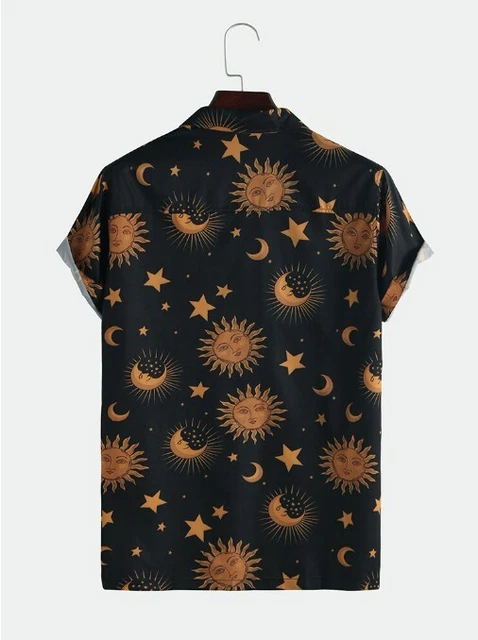 Fashion Sun Moon Starry Sky Printed Top Short Sleeve Flower Shirt