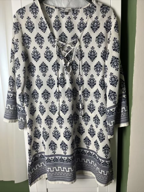 J VALDI Women’s Size L Venetian Lace-Up Tunic Swim Cover- Up Cream/Navy Print