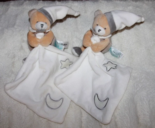 Doudou Babynat Ours Marron Beige Mouchoir Blanc Etoile Lune Lot 2 Neuf