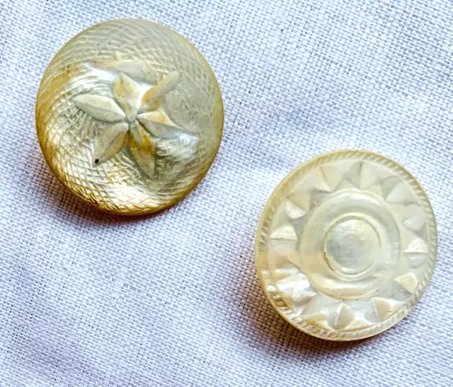 2 BEAUTIFUL CARVED Star Flower Motif Vintage Shell MOP Pearl Sewing Buttons S85