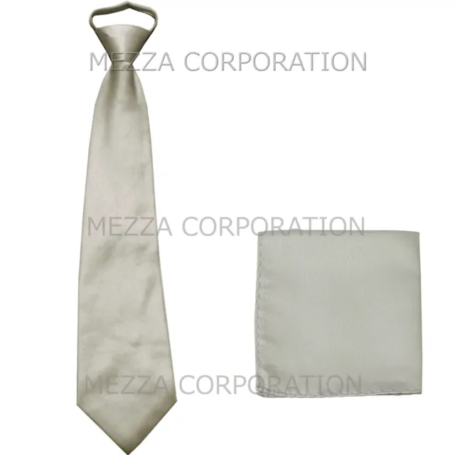New formal men's pre-tied ready knot necktie & hankie set polyester solid silver