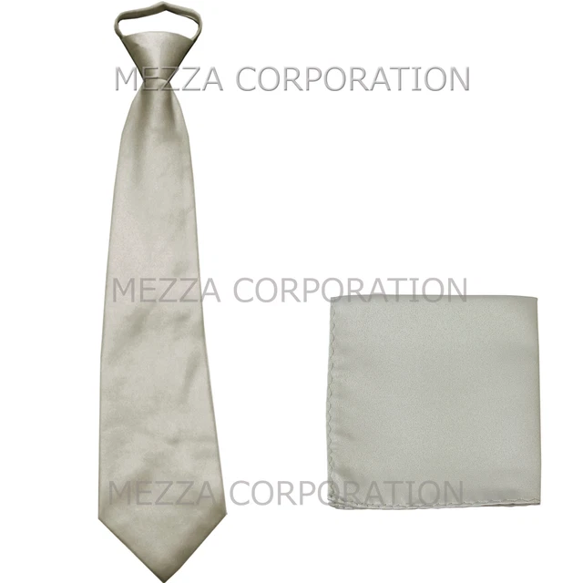 New formal men's pre-tied ready knot necktie & hankie set polyester solid silver