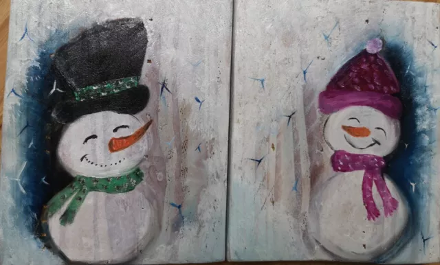 Hand painted hanging, oil pictures.Christmas Mr. and Mrs. Snowman.
