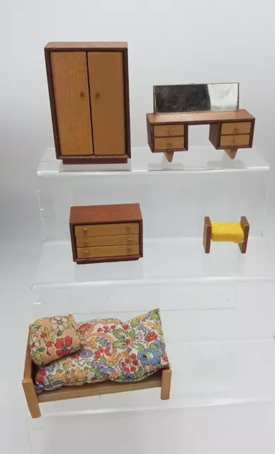 Vintage Miniature Dolls House Early Barton Wooden Bedroom Set