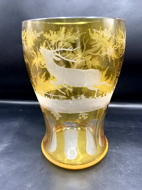 Amber  Cut To Clear Bohemian Czech Glass Vase-Elk/Deer/Black Forest-Egerman?