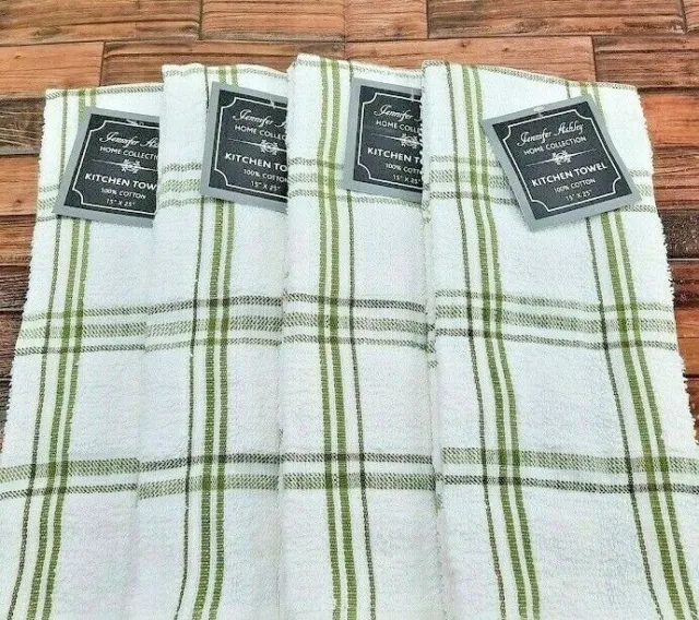 JALux Collection Kitchen Towel Set of 4 Green Plaid 100% Cotton Dish Hand Towels
