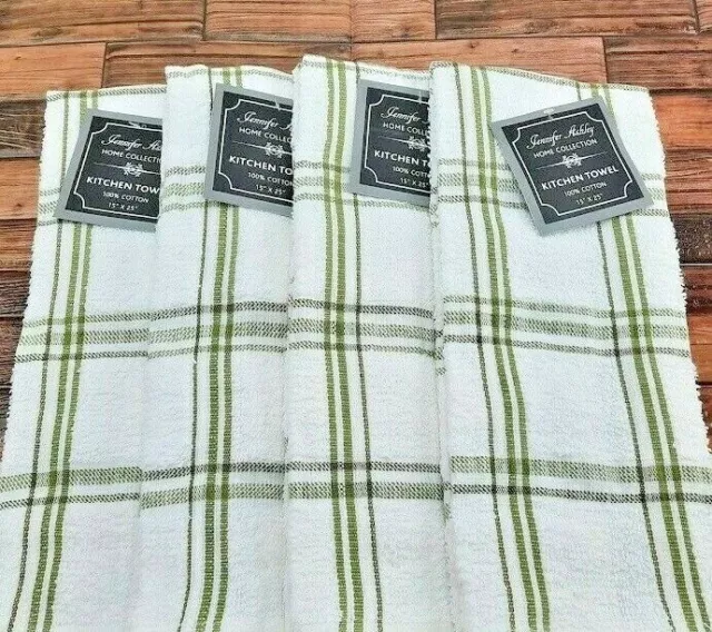 JALux Collection Kitchen Towel Set of 4 Green Plaid 100% Cotton Dish Hand Towels
