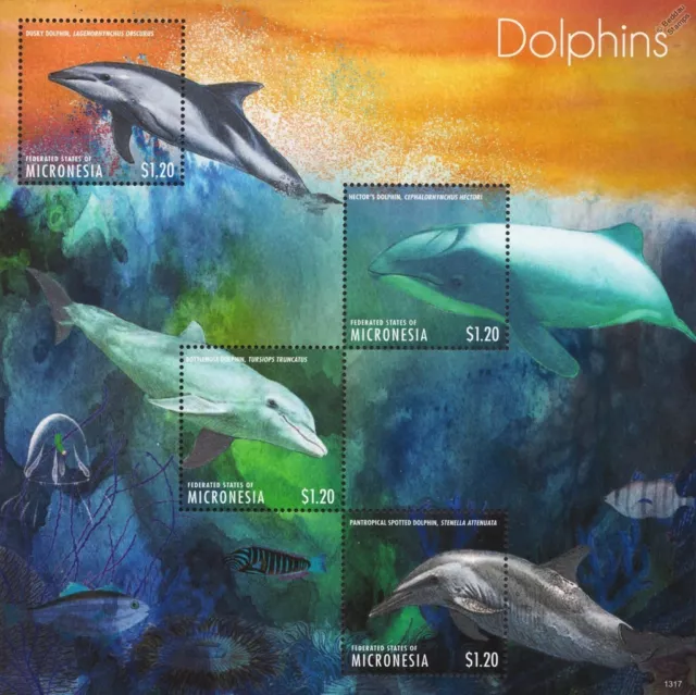 DOLPHINS (Dusky/Bottlenose/Hector's) Marine Life Stamp Sheet (2013 Micronesia)