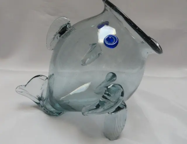 Blenko Style Blue Fish Vase/Terrarium/Bowl Hand Blown Art Glass - EUC