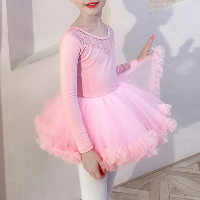 Girls Ballet Dance Dress Long Sleeve Lace Leotards Tutu Skirt Ballerina Costume