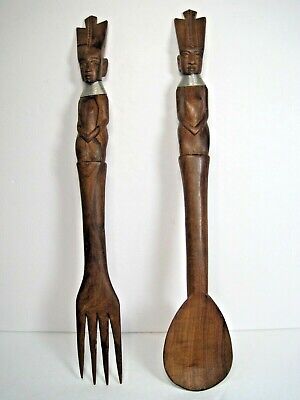 Vintage African Folk Art Hand Made Wood Metal Large Fork & Spoon 15" Length