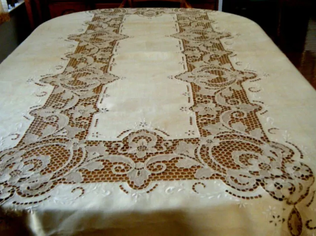 Italian Point Venise linen tablecloth hand needle lace w floral embroidery tan