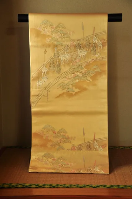 Vintage Japanese Kimono Fukuro-Obi Silk Art Classic landscape Pattern Gold#JPS28