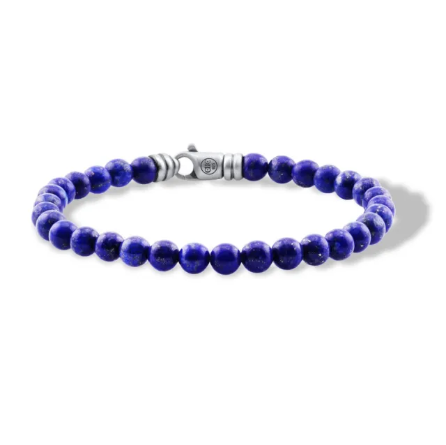 Men's 6mm Natural Lapis Lazuli Bead Bracelet Satin Sterling Silver 925