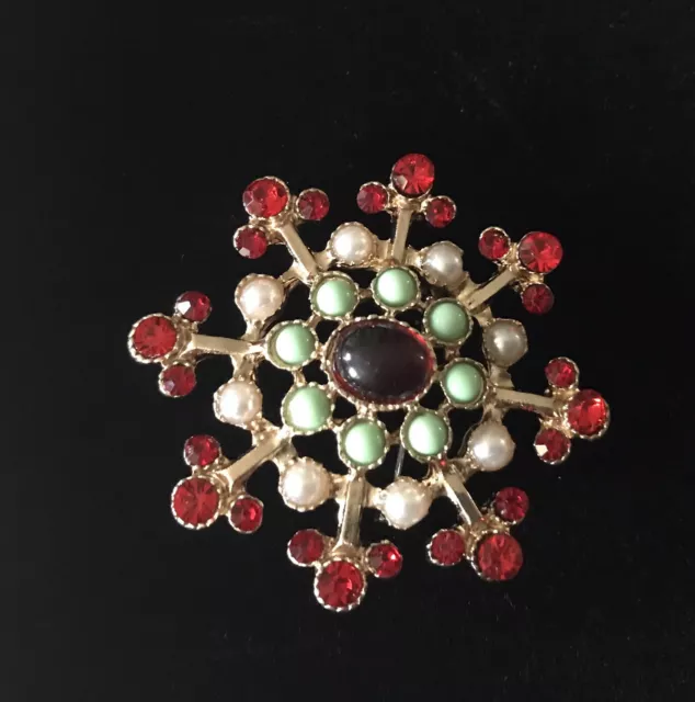 Antique Style Faux Turquoise Ruby Pearl Gold Plated Brooch