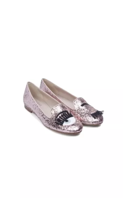 Chiara Ferragni Flirting Pink Glitter Sparkle Flats Slip On Shoes SZ 39