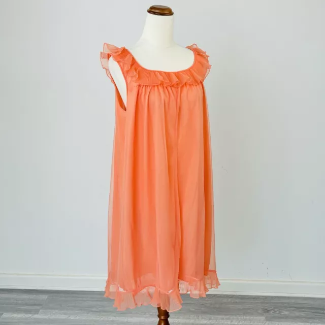 Vtg 60s Nylon Nightie Night Dress Babydoll Orange Negligee Bri-Nylon Size 6 - 14