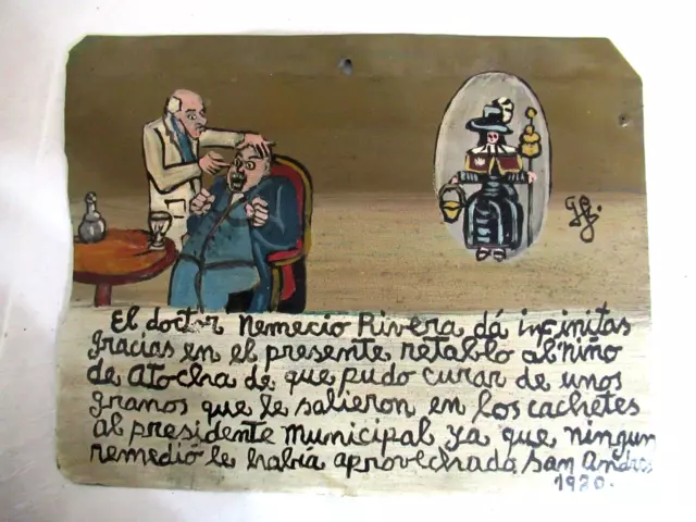 VTG HP MEXICAN TIN RETABLO STO NINO ATOCHA HELPS DOCTOR CURE POLITICIAN in 1920