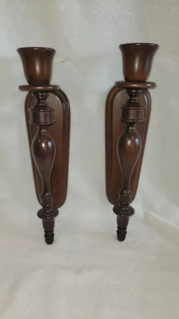 Vintage Pair Of Wood Oak Sconce Candle Holders Wall Hanging 15.5" Tall