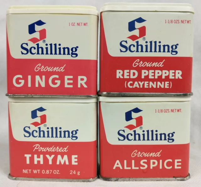 Lot Of 4 Vintage Schilling Spice Tins Red Pepper Thyme Ginger Allspice