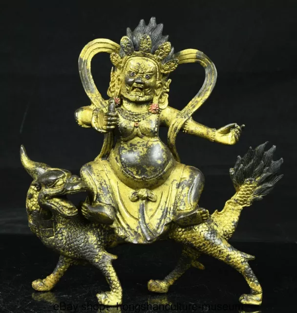 8 " Old Chinese Bronze Gilt Mahakala Wrathful Deity Buddha Statue