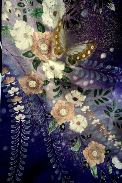 Japanese kimono SILK"FURISODE" long sleeves,Gold /Silver,Tujiga-Hana, L5'5".3398 3