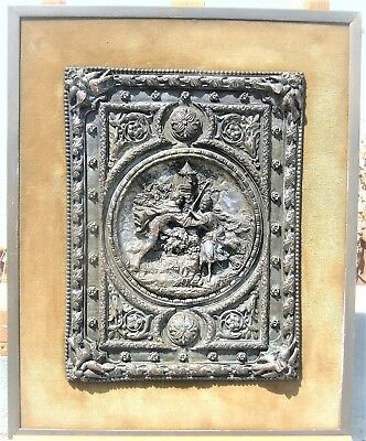 ANTIQUE PLAQUE VICTORIAN FIGURAL HIGH RELIEF SILVER PLATED FRAMED 19th C.