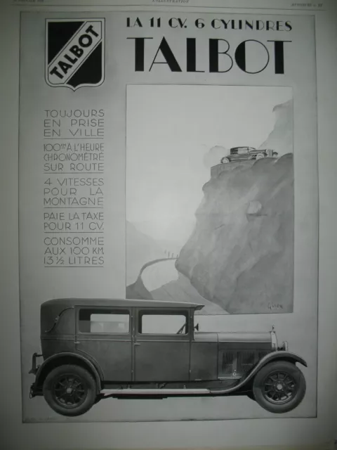 Publicite De Presse Talbot Automobile 11 Cv 6 Cyl. Illustration Gifon Ad 1928