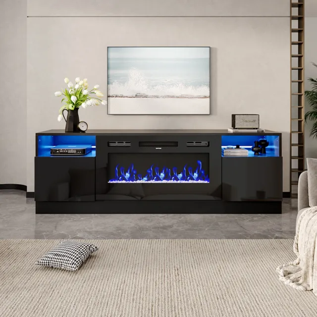 LED TV Stand 178cm Gloss Black TV Cabinet Sideboard w/36inch Electric Fireplace