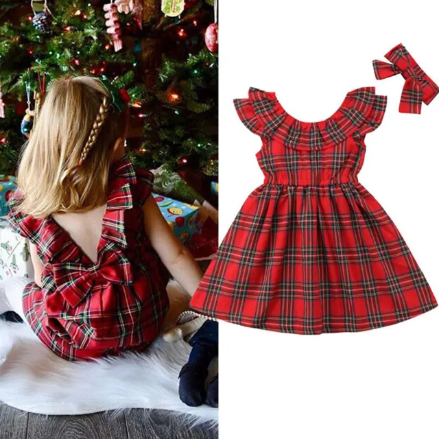 Newborn Kids Baby Girls Ruffle Christmas Clothes Plaid Dress Tops Skirts Outfits