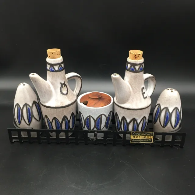 Ceramano German Art Pottery Vtg 1960s MCM Hot Pot Condiment Set & Shakers, Caddy