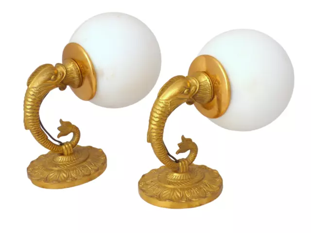 Vintage PAIR French Empire Wall Light Sconce RARE 1 Light Fish Bronze 1950 Globe