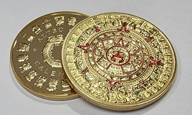 Aztec Calendar Coin/Round. 24ct Gold, Colour, 40mm 30g. Mayan/Maya/Mexico/Mexica