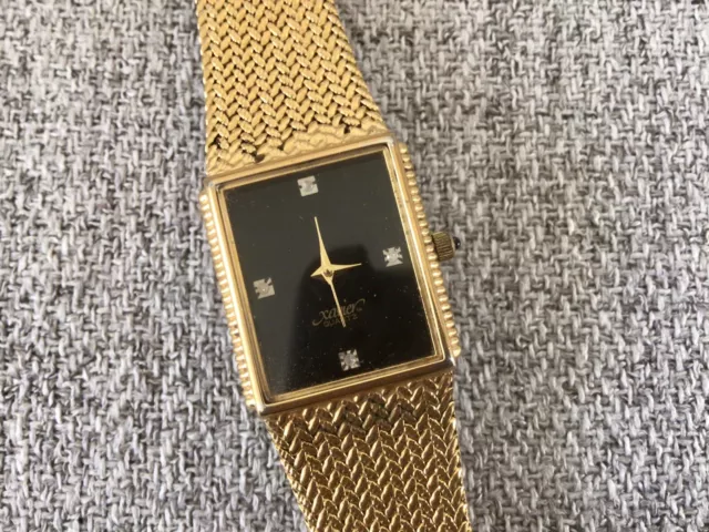 Vtg Xavier Men’s Quartz Watch Gold Plated Diamonds Black Dial