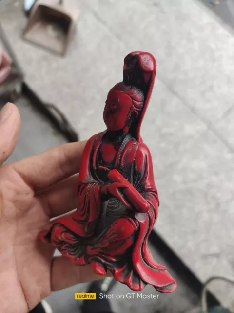 Chinese Collection Exquisite Red Coral Hand Carved Kwanyin Statue Piece B04