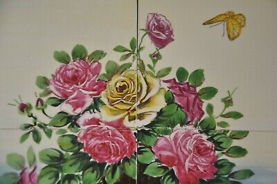 4 Pc Vintage Fine Colorful Flower Basket & Butterfly Ceramic Tiles Set, Japan 3