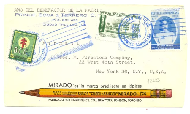 Rep Dominican 1956 Illustrated Cv - Pencil- To Usa -F/Vf @2