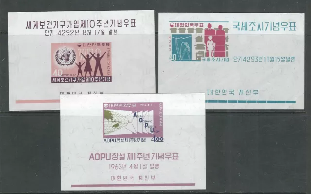 KOREA 1959-63 3 different mini sheets WHO CENSUS, AOPU (Sc 292a 317a 382a) MNH