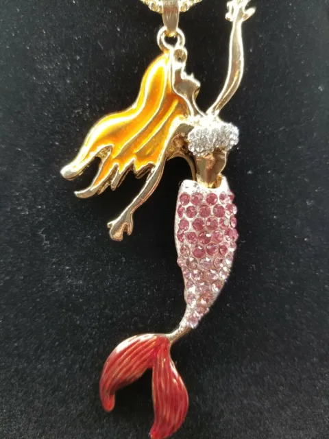 Betsey Johnson Pink Enamel & Crystal Rhinestone Inlay Mermaid Pendant Necklace