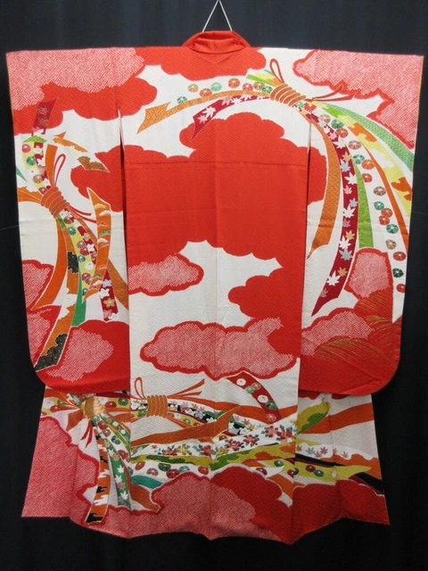 7916M2 Silk Japanese Kimono Furisode Tabane Noshi Shibori Tall
