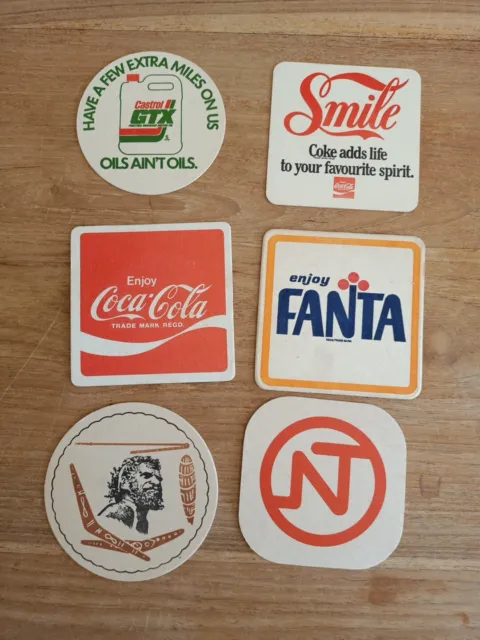 6 VINTAGE FANTA , COKE , CASTROL  BEER COASTERs