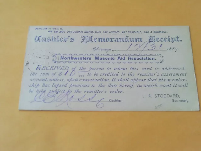 Rare 1887 Postcard Cashiers Receipt Northwestern Masonic Aid Chicago Illinois