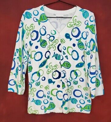 Breckenridge Long Sleeve Button Front Sweater S White Blue Green Fish & Flowers!