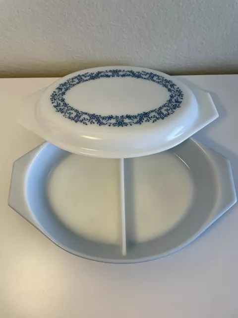 Vintage Pyrex Blue Ivy Promotional Divided 1 1/2 qt. Casserole Dish with Lid