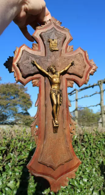 Antique German wood carved crucifix cross metal christ corpus religious