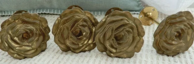 4 Vintage French Farmhouse Hollywood Regency Rose Curtain Tie Backs Brass Floral