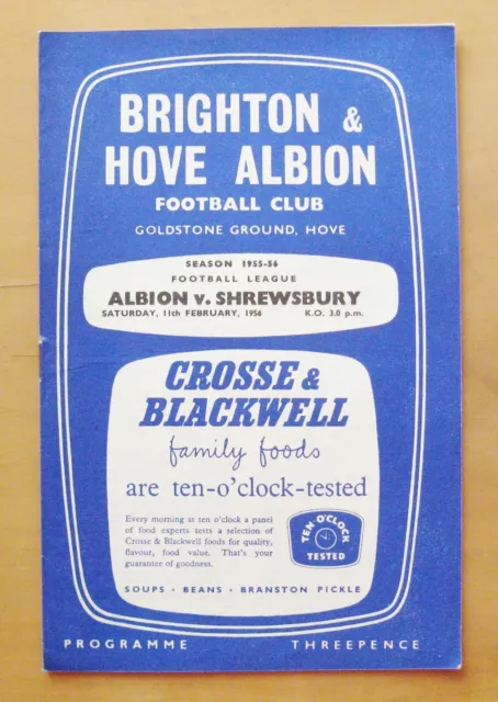 BRIGHTON v SHREWSBURY TOWN 1955/1956 *Excellent Condition Football Programme*